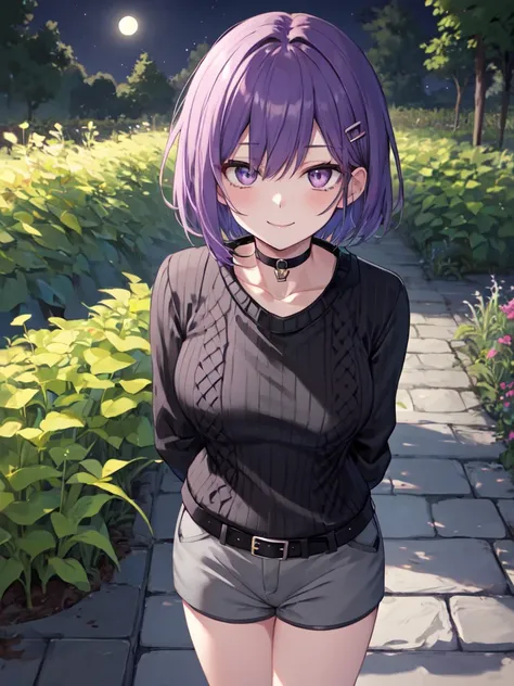  1 girl, solo, Purple Hair, Bob Hair, Beautiful breasts, smaller breasts,(Black sweater:1.5),((Grey shorts:1.3)),Black belt, black choker, hair clips,Slanted Eyes, Light purple eyes,  no highlight in the eye , close your mouth,  seductive smiles from all a...