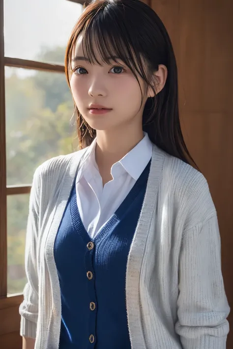 (8k, RAW Photo, Highest Quality, High Resolution:1.1), (ultra-realistic:1.4),(Realistic, Realistic:1.3),Japanese Beauty, School Uniform, ((Cardigan)),((Upper Body:1.3)),