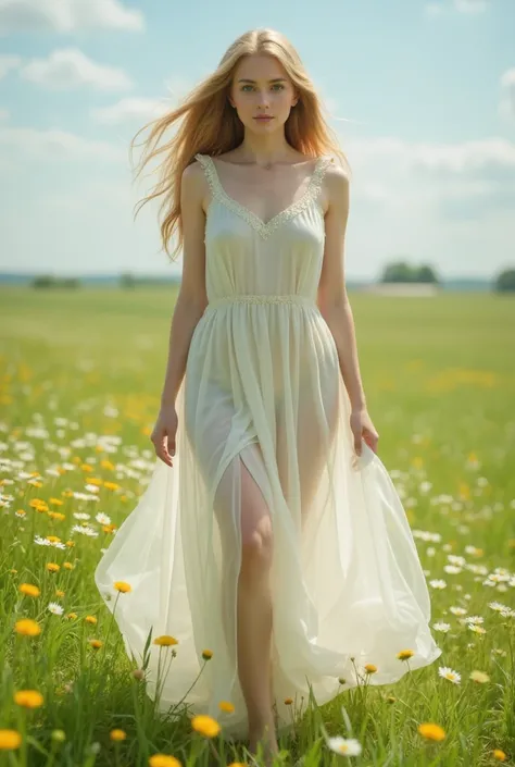 A tall, blonde woman with blue eyes, wearing a white dress, standing in a sunlit meadow.