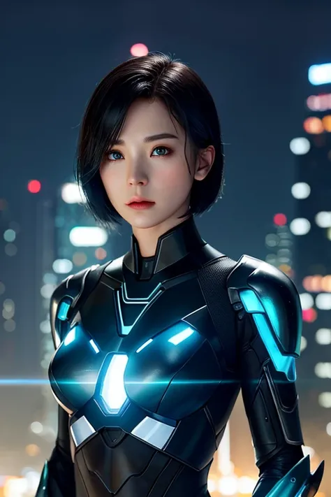  portrait、 upper body、 ONE CYBORG GIRL、 beautiful well-groomed face、Super cute、Well-balanced face、 Teal Eyelids、 black hair、 short bob hair、 white skin、( slender body )、Petite body、 Toughened Abs、muscle、 cleavage、 small breasts、MECHANICAL ARMOR 、Illuminati...