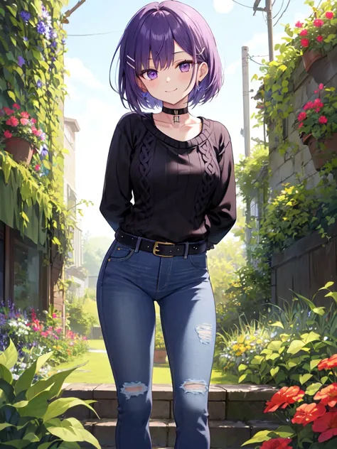  1 girl, solo, Purple Hair, Bob Hair, Beautiful breasts, smaller breasts,(Black sweater:1.5),((jeans:1.3)),Black belt, black choker, hair clips,Slanted Eyes, Light purple eyes,  close your mouth,  seductive smiles from all around, smile,  standing ,Put you...