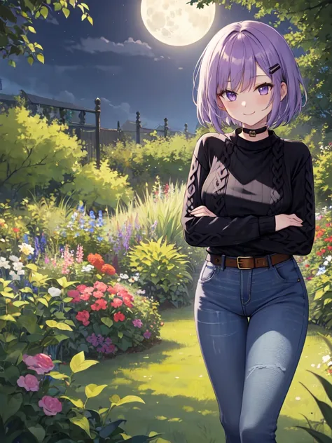  1 girl, solo, Purple Hair, Bob Hair, Beautiful breasts, smaller breasts,(Black sweater:1.5),((jeans:1.3)),Black belt, black choker, hair clips,Slanted Eyes, Light purple eyes,  close your mouth,  seductive smiles from all around, smile,  standing ,Put you...