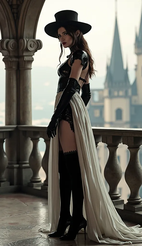 Kathryn Hahn as Alcina Dimitrescu, posing, standing, on the luxury balcony, in a castle, black hat, white dress, black high tights, high heels, side view