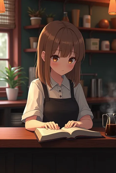 Create a light-brown-haired, fair-skinned ,  coffee shop attendant girl , Reading a diary on the coffee bar counter dark gym realistic style