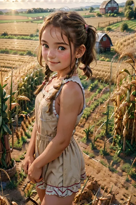 (a tween girl), (ten years old), (farmer outfit), (brown hair twin short pig tails), freckles, in middle of a corn field, smile,...