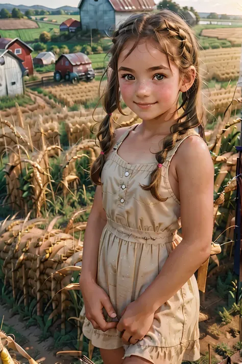 (a tween girl), (ten years old), (farmer outfit), (brown hair twin short pig tails), freckles, in middle of a corn field, smile,...