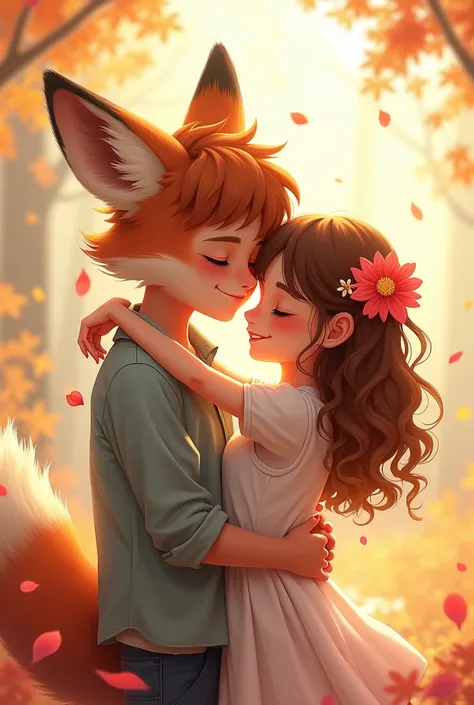 Create an image of a couple, the boy, the brunette fox, with a girl with a beautiful strawberry face, both hugging and happy.