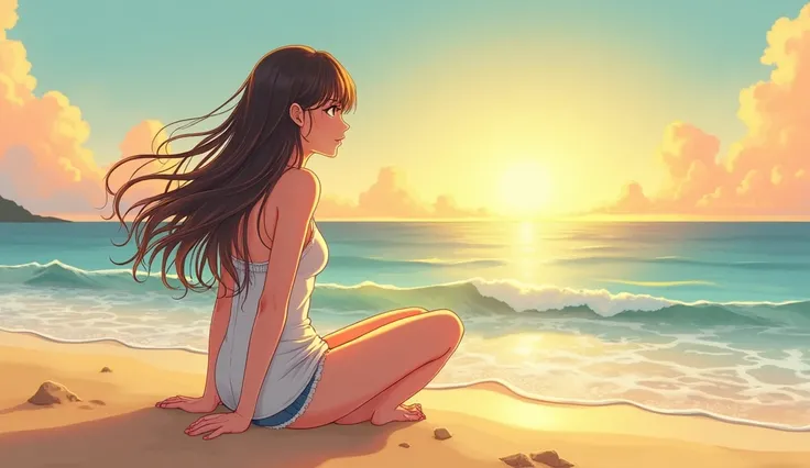 A young woman sitting on the sand facing the ocean. She has long, flowing hair and wears a light, breezy summer outfit. The setting includes a calm beach with soft waves, golden sand, and a tranquil sunset. The art style features detailed manga aesthetics,...