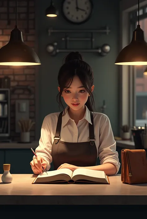 Create realistic art of a coffee shop attendant girl ,  coffee shop attendant girl ,  reading a diary at the dark gym-style coffee shop counter 