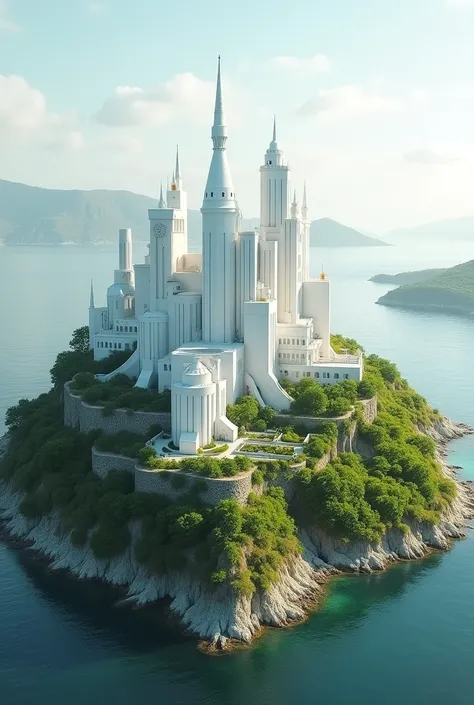  The image shows a citadel created on an island that was formerly a geothermal electricity plant,  but the citadel is white looking like the architecture of future santorini , merging with green nature full of vegetation
La planta geotermica se luce mas qu...