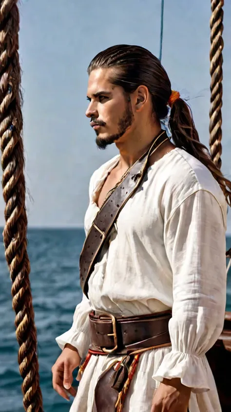 Hombre blanco, bronceado. Alone,  watching the spectator , Cabello castaño, long, pony tail. tall details ,  Anatomically correct, Chunky athletic body ,  well-defined face looking forward covered background of a ghost pirate ship. Realístic photo