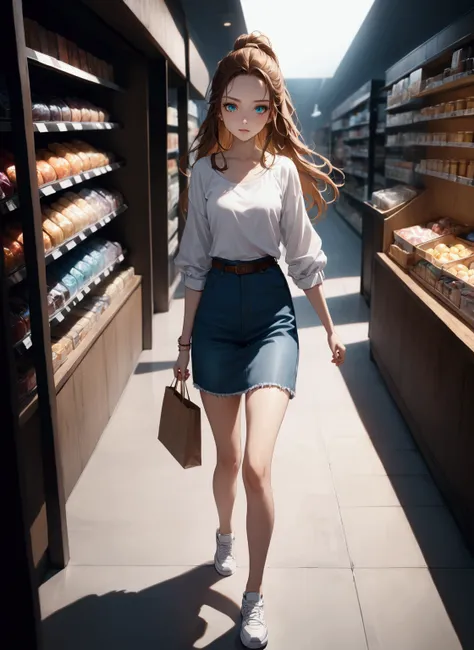 beautiful slim teenage girl, walking along shopping store, she is in brown hair (+forehead, half up half down ), wears white half sleeves jacket (+rolled up sleeves), open jacket, dark-blue top, teal-blue denim pencil miniskirt (+brown belt, light denim he...