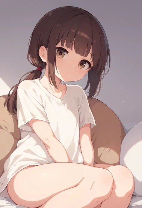 (masterpiece), best quality, 1 cute girl , short dark brown hair, straight hair, straight bangs, fringe, low ponytail, brown eyes, flat chest, white t-shirt, sexy legs, on her room