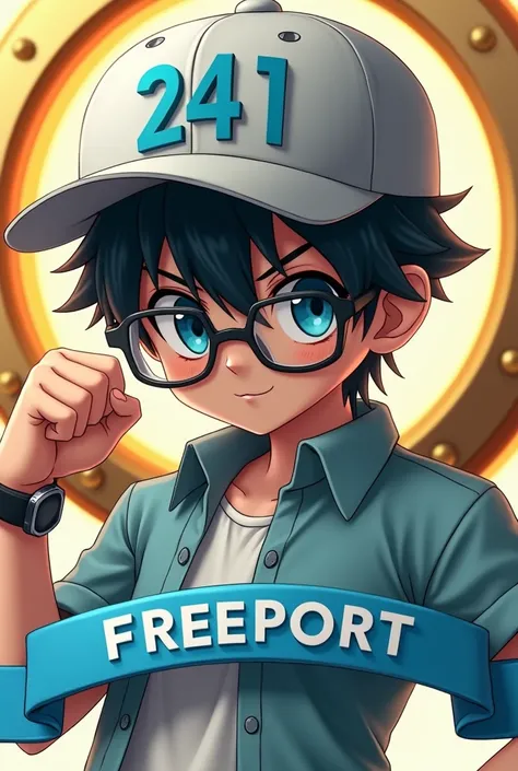 "A young, determined anime-style character wearing a baseball cap with the text 241 3D prominently displayed. The character has large, expressive blue eyes behind black-framed glasses, with dark hair partially visible under the cap. Hes wearing a aqua and ...