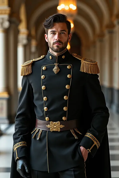  An attractive man with dark hair wearing a formal military uniform in a fantasy world style, a handsome young man, an attractive face, a strict expression, John Snow, Robb Stark, light beard hair, a dramatic, complex situation, fine details, full face, st...