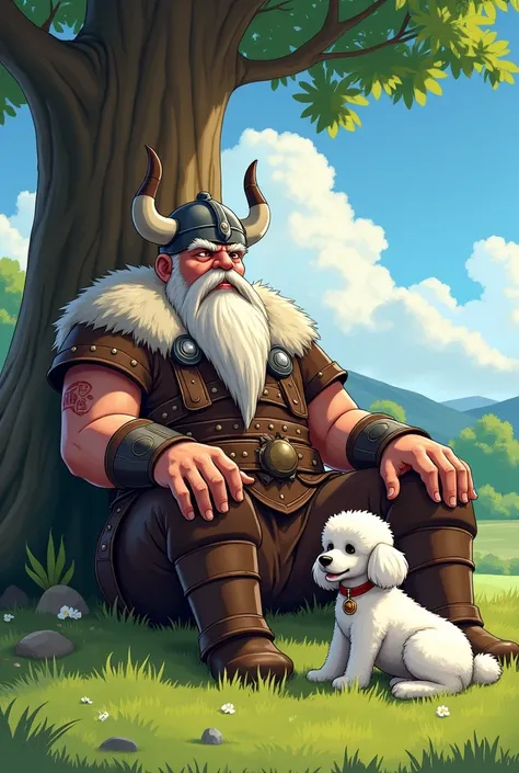 An older man dressed as a Viking ,  lying on the grass while leaning on a tree , Next to her is a small white poodle dog, Anime style