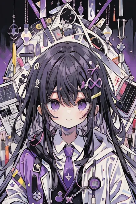 A 16-year-old man      ,      black hair, zitales          , cute,      white shirt,Light purple tie,Light purple hoodie     ,   Image of,包丁を持ったmedicine  ,  meaningful expression,   Eerie Smile   ,light purple blood ,knife,medicine,knife,knife,knife,knife