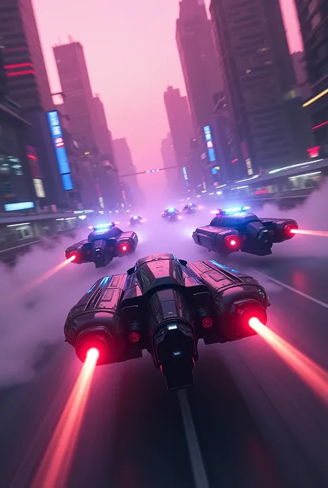 A Futuristic Flying Vehicle Chased By 2 Flying Vehicles Police Lights Futuristic City Purple Lighting A Dark Sunset luces altas de policías disparos y fuego explosiones viniendo ala vista del espectador 