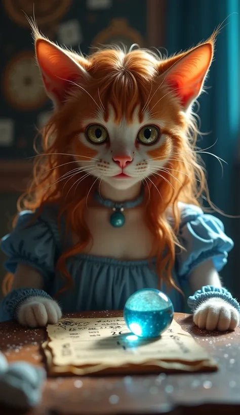 Cat girl:fortune teller、The expression of a beautiful and bright face、 bronze hair with cheese、 fortune-telling on a table with clear crystal balls in a stardust room、Blue Dress、Live action real images