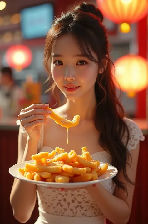 Complete details, maximum contrast ,realistically, reviews of eating french fries , Asian girl is very beautiful, sweet, long hair tied , dressed in a white lace dress ,Cream miniskirt , standing face picking up potato candy Fry the mouth-watering plate, w...