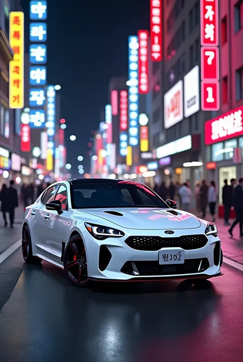 Its a car called Kias Stinger Meister, and the , I asked for the car to be white and ,  wheel a black tuon wheel , Its an untuned original car, so remove the red lines under the car and the spoiler on the , Leave out the spoiler on the rear
The background ...