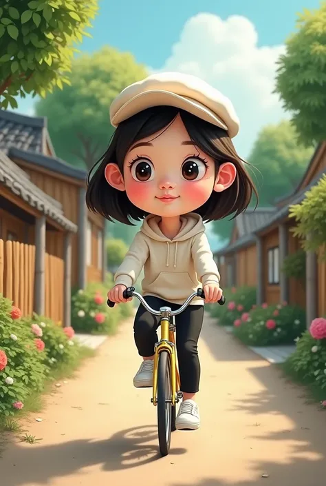 make a real picture of a big-headed character caricature with the character of a 27 year old Korean woman, wearing a cream colored newsboy cup hat, white hoodie, black sports pants and white sports shoes, the woman is riding a small white and pink bicycle ...