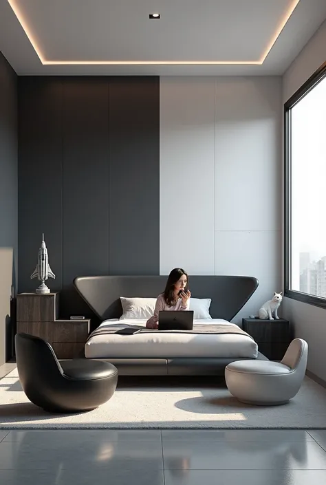 Professional 3d architecture rendering design of modern and minimal and high tech design for girl’s  room and this  room made of 2 black  leather cubes chairs and 2 circle white  leather chairs and 1 triangle table and  dark grey bed with  airplane wings s...