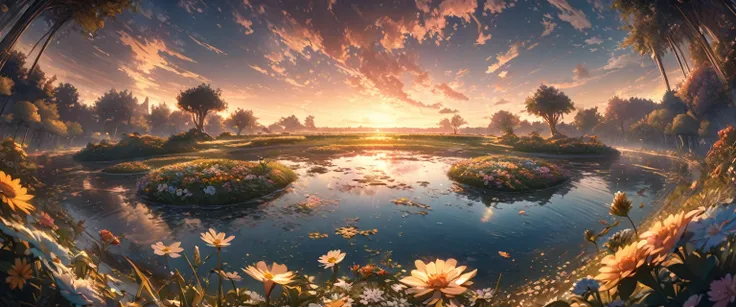 masterpiece, best quality, extremely detailed CG unity 8k wallpaper, a magical pond in the evening, finely detailed, cinematic lighting, highres, flowers bloom，（（（Spring morning））） .super wide angle（（（masterpiece）））, （（best quality））,（（Intricate details））,...