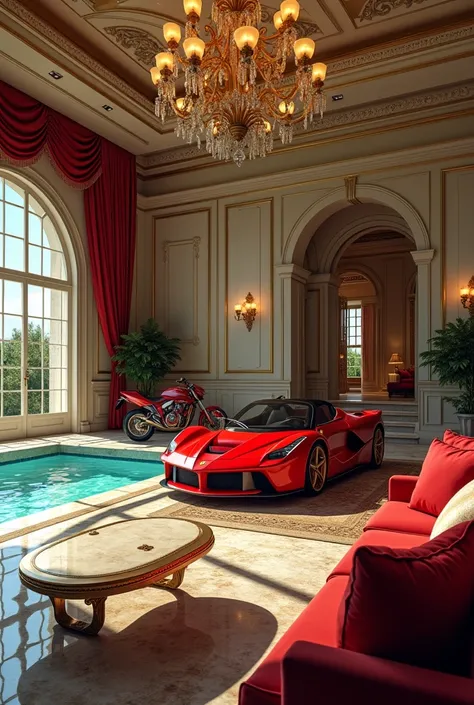 billionaire lifestyle in a manion with his ferari in living room with sports bike and a luxury swimming pool
