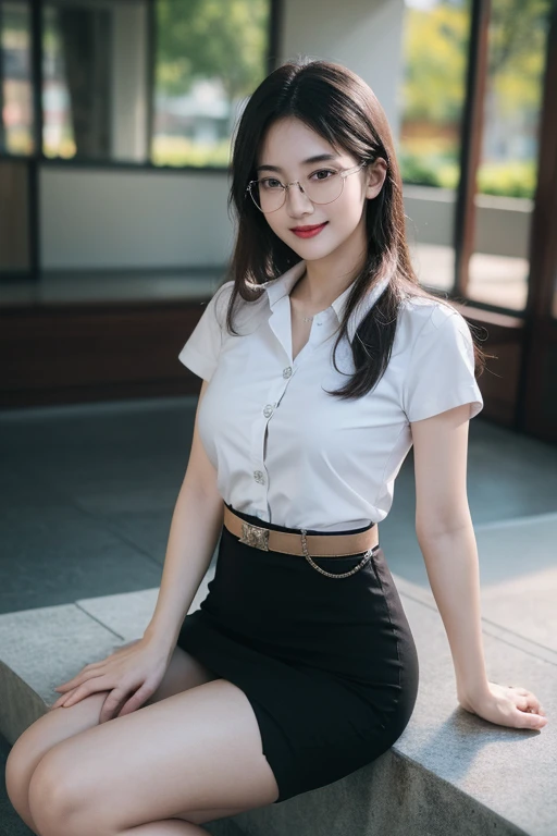 sitting, smile, (8k, best quality, masterpiece, ultra highres:1.2) Photo of Pretty thai woman beautiful, beautiful enchanting fashion contemporary painting with , (1girl), (white shirt short sleeves), ((black pencil skirt)), face mask, glasses, belt , real...