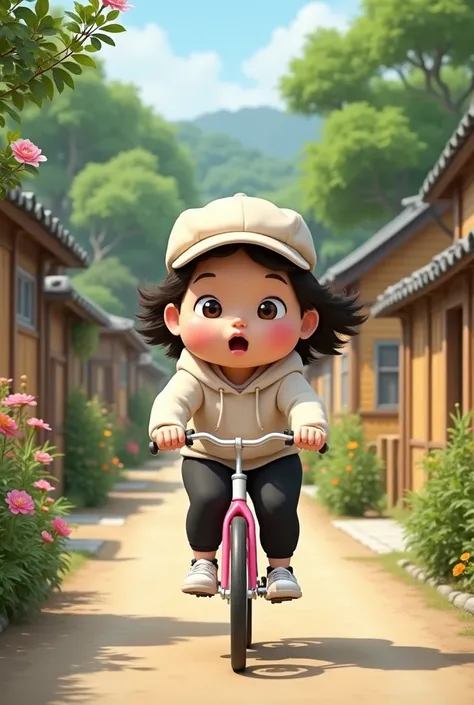 make a real picture of a big-headed character caricature with the character of a 30 year old Korean woman, fat body, wearing a cream colored newsboy cup hat, white hoodie, black sports pants and white sports shoes, the woman is riding a small white and pin...