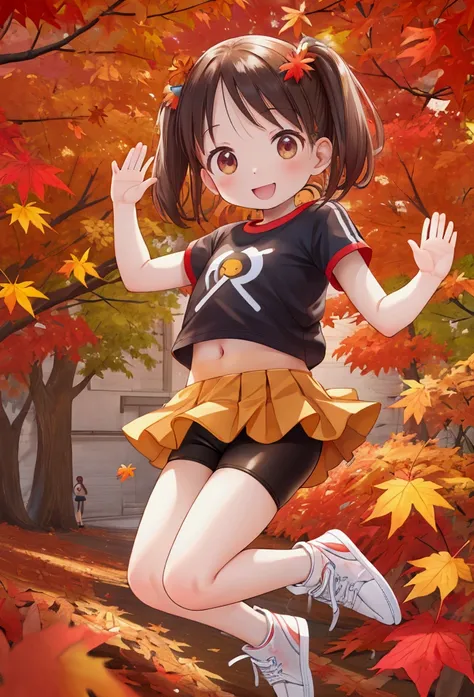 masterpiece, best quality, high definition ,Anatomical,Realistic, detailed description , perfect lighting,8k,kawaii,Big maple tree ,autumn leaves, falling leaves,((１People s)),Baby Face,Petite,flat body ,T-Shirts, miniskirt that snaps around the knee,bike ...