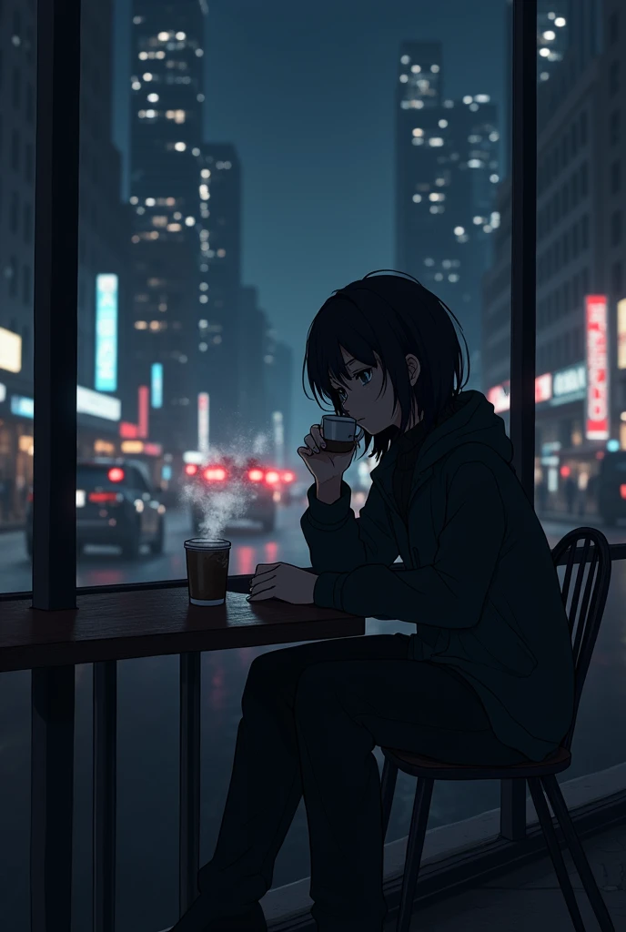 Style anime dark Drinking coffee at night city 