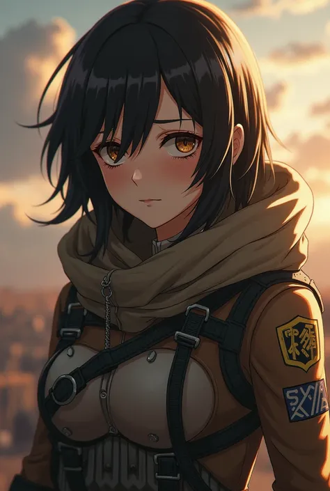 Create a female character with medium dark brown hair , tired face with honey-colored dark circles under the eyes in the style of Shingeki no Kyojin and with the uniform and maneuvering equipment