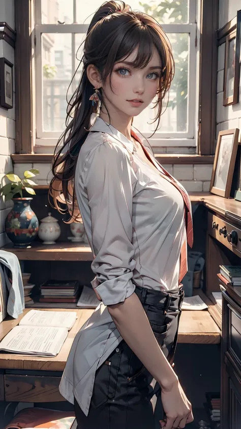 ((masterpiece,  best quality)), Woman in a shirt ,  The ,  ponytail