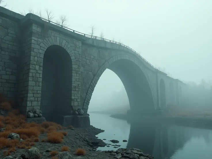 Side view from behind, A very ancient Old Abandoned bridge is covered with cracks and traces of destruction and corrosive elements., A very ancient Old Abandoned bridge in the fog, An old ancient abandoned bridge goes into the distance and gets lost in the...