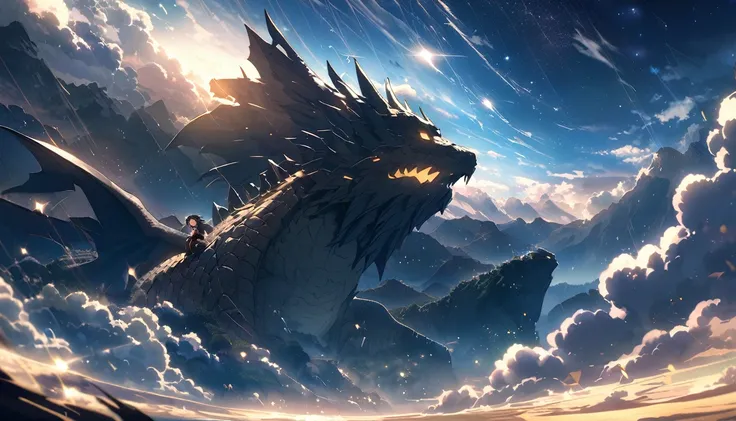 Anime Style,   dark haired man 、 riding a dragon 、   scenery Ive never seen before   、 background 、hope、courage、Willpower   、Strength、scenery、Sparkle、world、  starry sky  、promise、future、wind、cloud、thunder、Scenery
ラウンド比率background 6  :Man 4 、