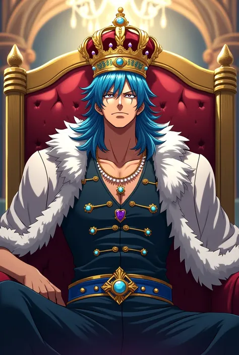 create character koby in anime one piece to be a king with blue hair  and crown 