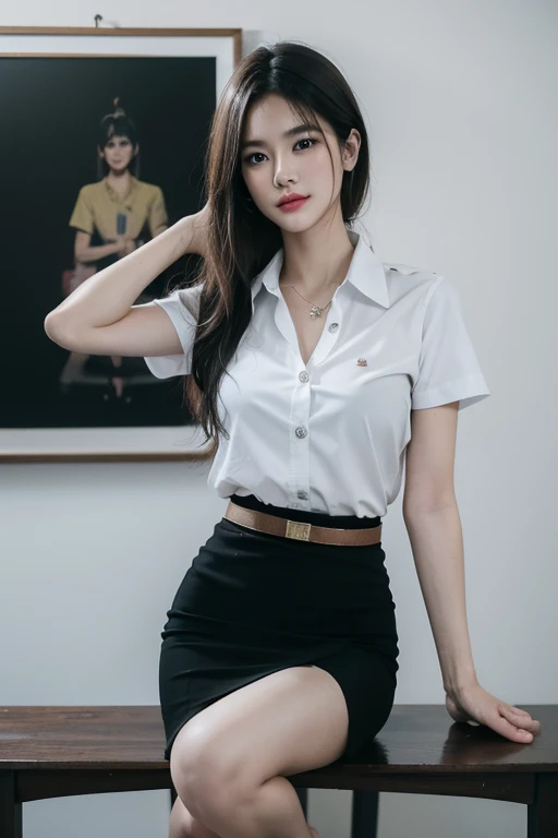 Confident, (8k, best quality, masterpiece, ultra highres:1.2) Photo of Pretty thai woman beautiful, beautiful enchanting fashion contemporary painting with , (1girl), (white shirt short sleeves), ((black pencil skirt)), belt , realistic skin texture , roun...