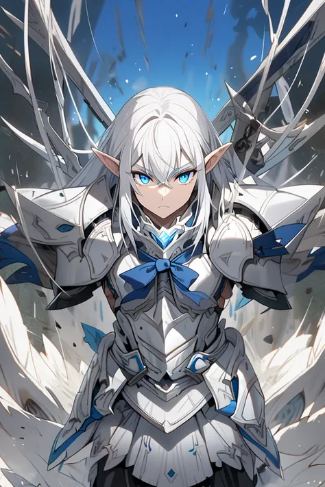 White hair，Elf，Blue Eyes，handheld bow，warrior，male，Armoured，Elf弓箭手