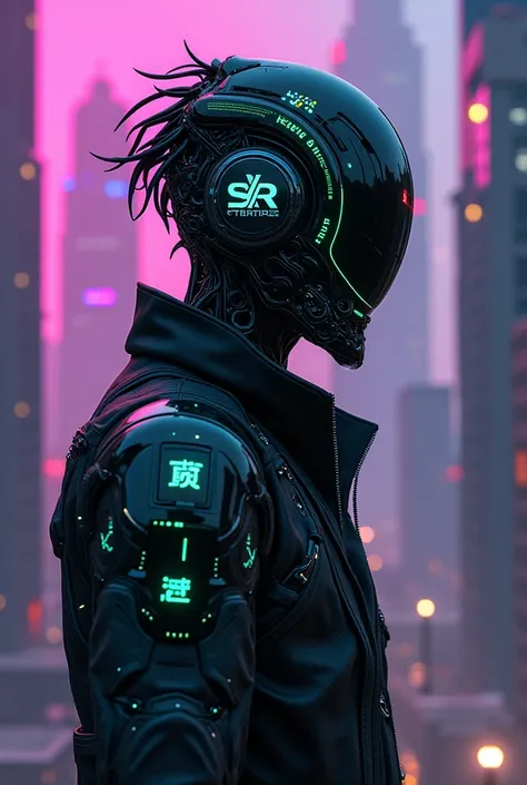 Photorealistic, a K-pop cyberpunk cyborg guy graphic with futuristic SXR design with black and gray, purple tones, featuring intricate curves and futuristic glowing green geometric shapes. The background is a city with neon-lit high-rise buildings. There a...