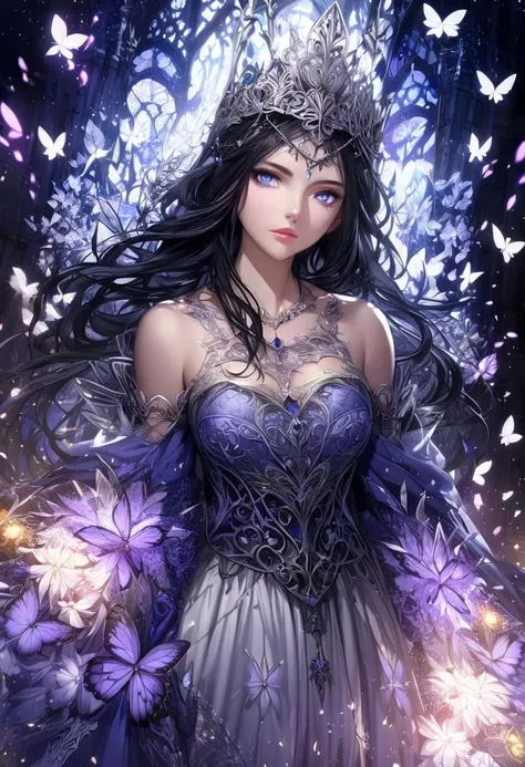 Ultra detailed, Highres, absurdres, HDR, fair comlexion, blue eyes, long black hair, bangs, purple butterflies made of fire, beautiful, 1 woman only, very detailed face and eyes, a beautiful woman in her early 20s.  beautiful gown, medieval, royalty, princ...