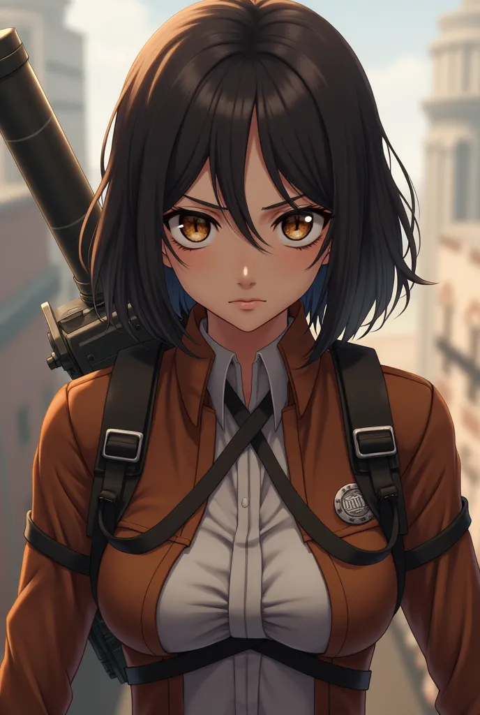 Create a female character with medium dark brown hair , serious face with honey-colored dark circles under the eyes in the style of Shingeki no Kyojin and with the uniform and the maneuvering equipment