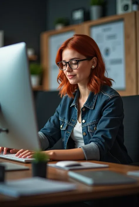 A red-haired woman with elegant glasses working in digital marketing
