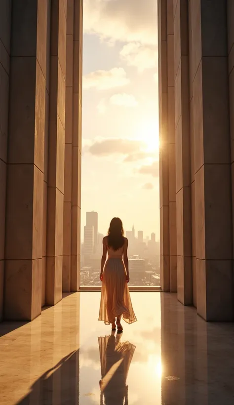 Larrisa going to church, wearing dress ,  in a big city modern evangelical church in the background