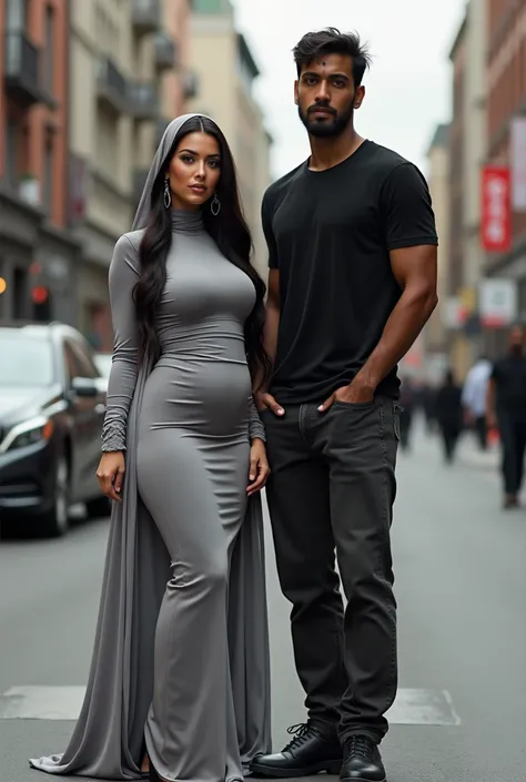 Fair skin long hair young muslim kim Kardashian busty booty slim thick curvy flaunts curves in extremely skin tight full muslimah dress.head covered and shoulder draped by long sheer scarf.long earrings. High heels stand  tall dark indian male who has saff...