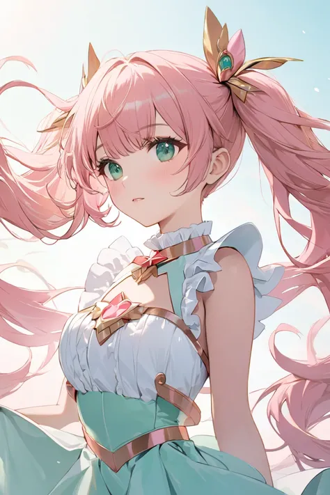 White ruffle dress, Magical Girl,   twin tails, wind, Floating Hair, Long Hair,   gradient background，blue sky, bangs,   mint green eyes,   upper body,  (((Pink Gold Hair))), Symmetric, masterpiece,   best quality