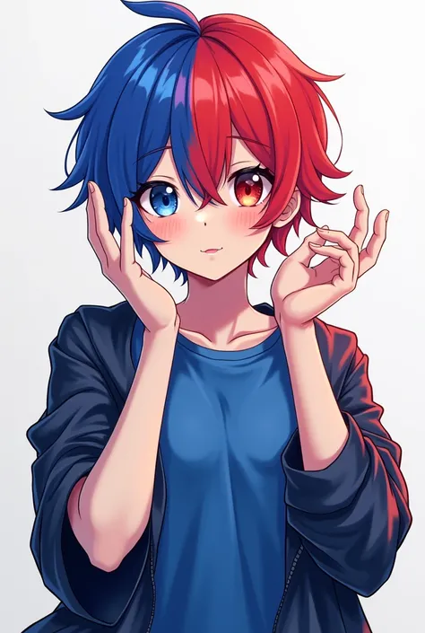 Anime Both her hands are red and blue her hair is red and blue her eyes are red and blue wears a blue T-shirt And an open jacket a white man 