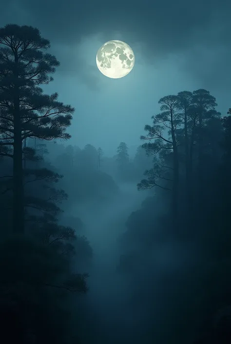 create an image of a forest seen from above, night, mist.