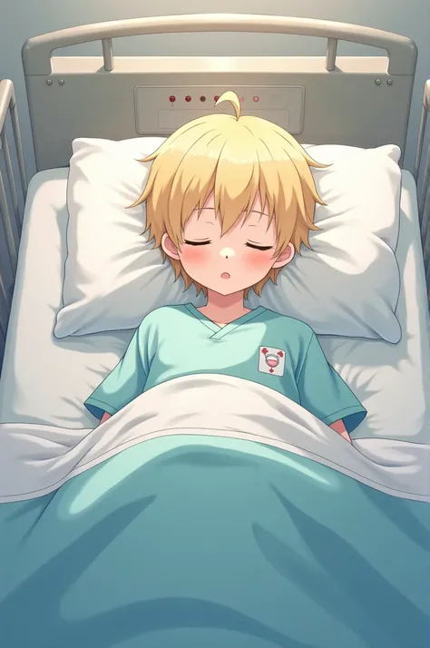 Anime boy blonde in hospital gown and bed